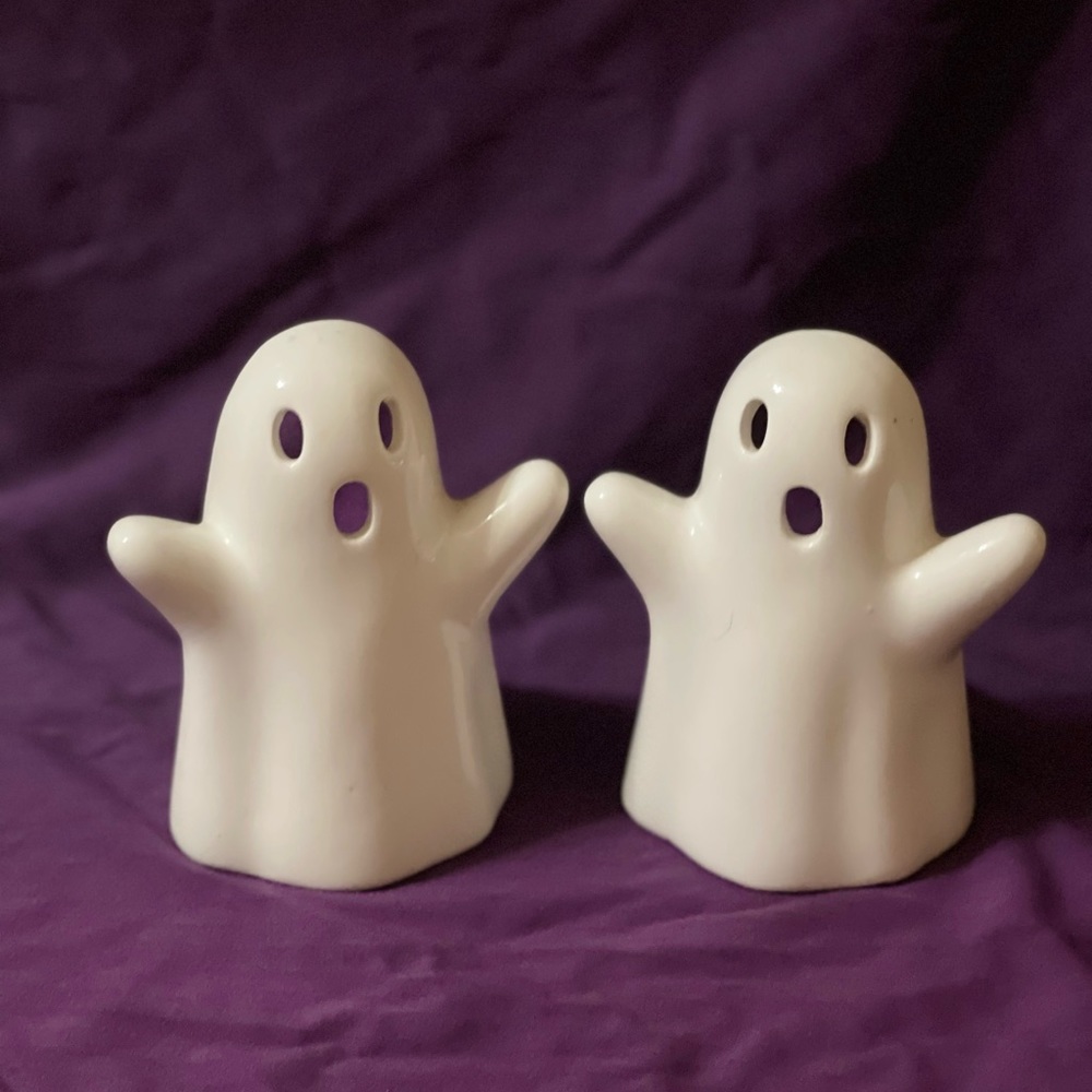 2 Ghost Ceramic cute Halloween Decor tea light votive holder open back White